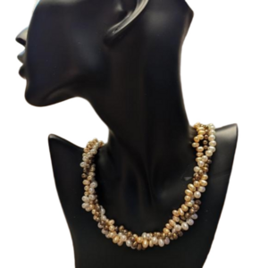 Freshwater pearl necklace 3 strands brown cream white clasp mother of pearl